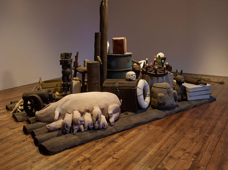 Peter Fischli David Weiss, Should I paint a pirate ship on my car with an armed figure on it holding a decapitated head by the hair?, installation view, Sprüth Magers, London, 2020. Courtesy Sprüth Magers. Photo: Stephen White.