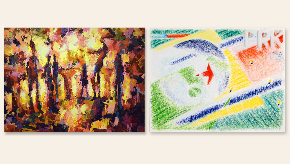 Shelley Himmelstein: Soccerscapes – FIFA World Cup Series; Michael Sorgatz: Kaleidoscope Dreams. Installation view. Photograph courtesy of Figureworks Gallery.