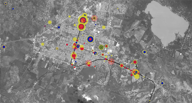 The Enforced Disappearance of the 43 Ayotzinapa Students
Iguala, Mexico, 26-27 September 2014. The Ayotzinapa Platform enables users to explore the relationship between thousands of events and hundreds of actors from the night of 26-27 September 2014. Image: Forensic Architecture, 2017.