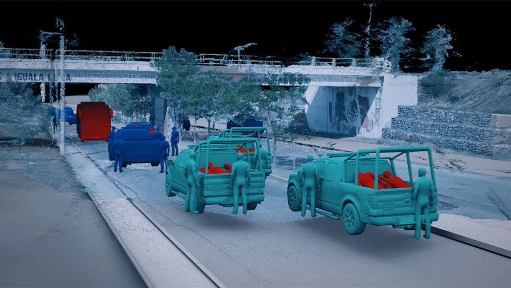 The Enforced Disappearance of the 43 Ayotzinapa Students
Iguala, Mexico, 26-27 September 2014. At the Palacio de Justicia, between 12 and 14 students (red) were beaten up and loaded into the back of multiple police vehicles (turquoise). Image: Forensic Architecture, 2017.