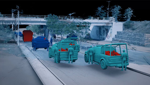 The Enforced Disappearance of the 43 Ayotzinapa Students
Iguala, Mexico, 26-27 September 2014. At the Palacio de Justicia, between 12 and 14 students (red) were beaten up and loaded into the back of multiple police vehicles (turquoise). Image: Forensic Architecture, 2017.