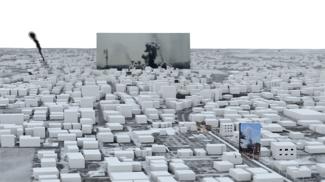 The Bombing of Rafah, Gaza, Palestine, 1 August 2014. The Image-Complex. The story of Rafah, Gaza on 1 August 2014 lies somewhere between hundreds of images and video clips existing in disparate locations, on the smartphones of activists, press clippings, and social media posts. 3D models provided an optical device and a means of composing the relation between multiple images and videos in space and time. This evidence-assemblage is what allowed for a narrative of events to emerge. Image: Forensic Architecture, 2015.