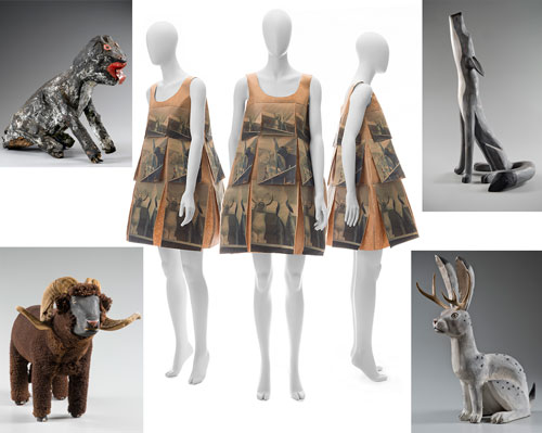 Centre: Original ensemble by Gary Graham. Photograph: Mete Ozeren. Top left: Seated Dog, Sam Doyle (1906–1985). St. Helena Island, South Carolina, 1976. Paint on wood with tar and tin, 19 x 23 x 8 in. Collection American Folk Art Museum, New York
Blanchard-Hill Collection, gift of M. Anne Hill and Edward V. Blanchard, Jr. Photograph: Gavin Ashworth, New York. Bottom left: Ram, Johnson Antonio (b. 1931). Lake Valley, New Mexico. Paint on wood with sheep hide, 1988, 33 x 21 x 23 in. Collection American Folk Art Museum, New York, Gift of Elizabeth Wecter. Top right: Seated Coyote, Max Alvarez (b. 1952). Santa Fe, New Mexico, 1985. Paint on cottonwood, 45 x 24 x 19 1/2 in. Collection American Folk Art Museum, New York. Gift of Elizabeth Wecter. Photograph: unidentified. Bottom right: Seated Jackalope, Alonzo Jiminez (b. 1949), Chupadero, New Mexico, 1983. Paint on cottonwood with antelope antlers, 33 x 11 1/2 x 27 in. Collection American Folk Art Museum, New York. Gift of Elizabeth Wecter. Photograph: Joseph McDonald.