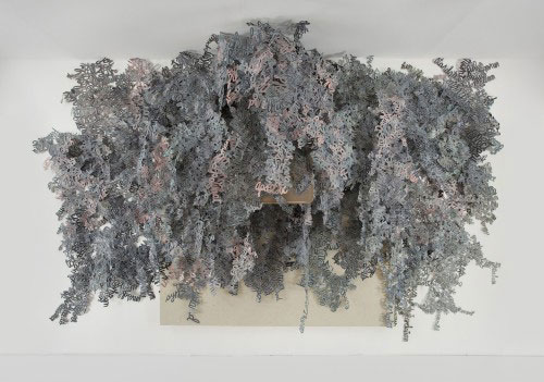 Mark Fox. Deep Grey See, 2007. Oil on prepared paper, linen tape, gold leaf, gilded school desk, linoleum flooring. Courtesy of the artist.