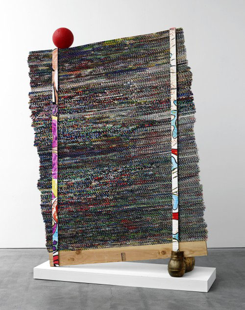 Mark Fox. Juggler of Big Idears, 2013. Watercolour, ink acrylic, gouache, oil, colour pencil, graphite, marker on paper, pen, crayon, styrofoam, wood, bronze, 87 x 70 x 19 in. Courtesy of the artist.