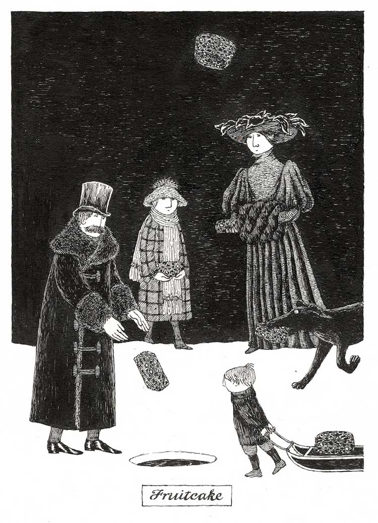 Fruitcake. Art for limited edition Christmas Card, 1990. Pen and ink on paper. Albondocani Press. From the collection of Irwin Terry and Bill Campbell. Courtesy of The Edward Gorey Charitable Trust