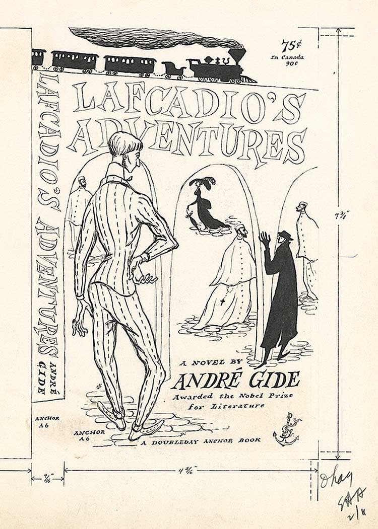 Cover art for Lafcadio's Adventures by Andre Gide, 1953. Pen and ink on board. From the collection of the Edward Gorey Charitable Trust.