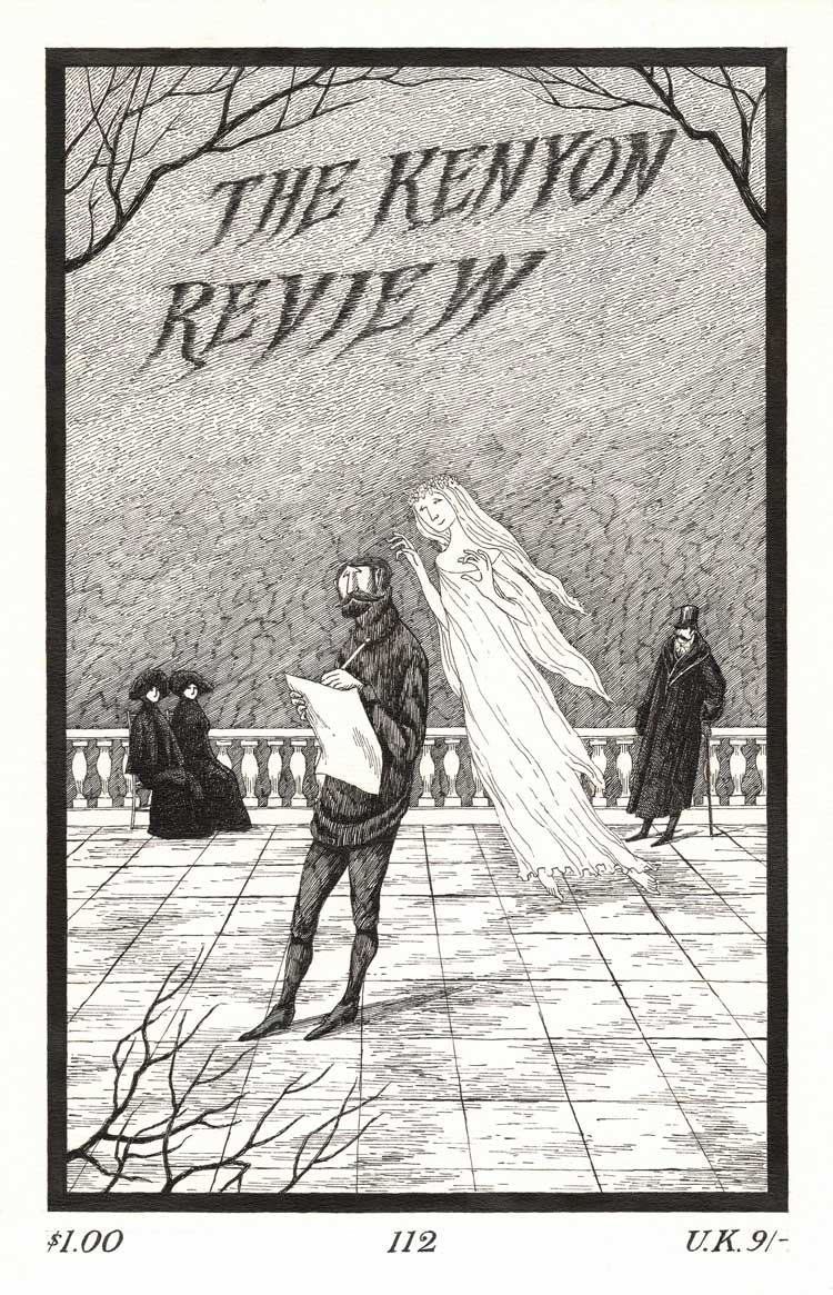Cover art for November 1966 issue of The Kenyon Revue, 1966. Pen and ink on paper. From the collection of Irwin Terry and Bill Campbell. Courtesy of The Edward Gorey Charitable Trust.
