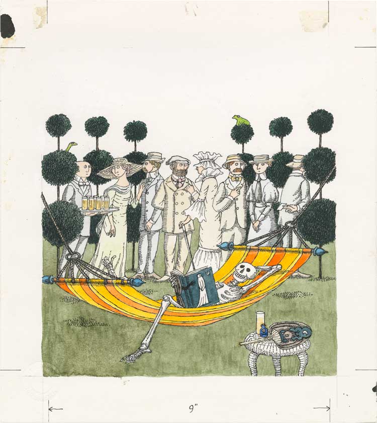 Image for Bantam Books’s 1995 Summer Reading Campaign, 1995. Watercolour and pen and ink on paper. Bantam Books. From the collection of The Edward Gorey Charitable Trust.