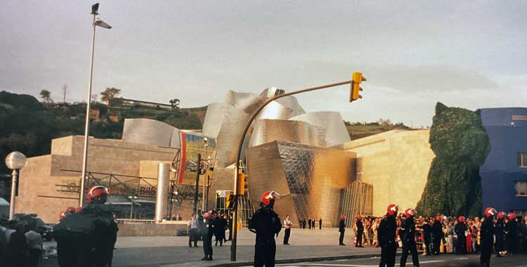 Police guarding the entrance to the Guggenheim Bilbao before its opening in October 1997. Photo: Jill Spalding.