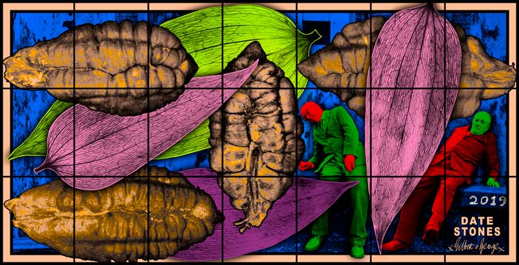 Gilbert & George. Date Stones, 2019. Mixed media, 89 x 174 in. (226 x 442 cm). © Gilbert & George. Courtesy White Cube.
