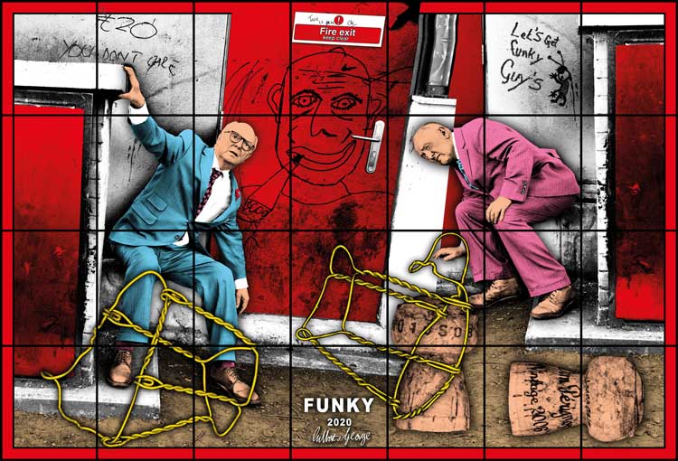 Gilbert & George. Funky, 2020. Mixed media, 118 ⅞ x 174 13/16 in (302 x 444 cm). © Gilbert & George.