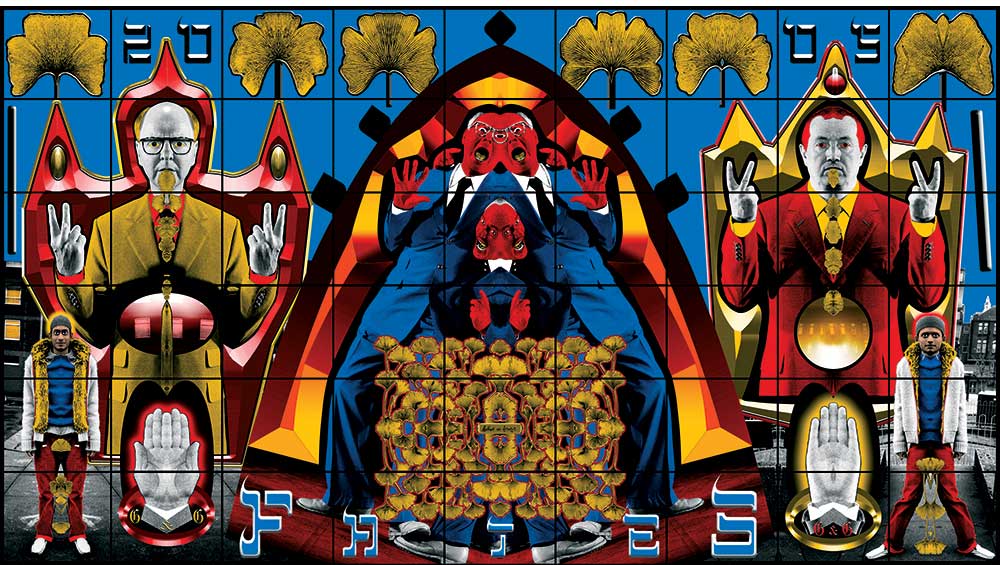 Gilbert & George, Fates, 2005. 54 digital prints on paper with ink, 167 11/16 x 299 3/16 in (426 x 760 cm). © Gilbert & George. Courtesy White Cube.