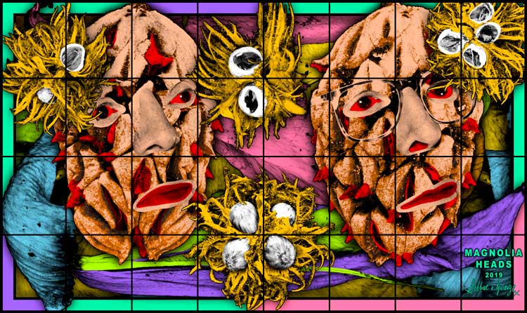 Gilbert & George. Magnolia Heads, 2019. Mixed media, 118 ½ x 198 13/16 in (301 x 505 cm). © Gilbert & George. Courtesy White Cube.