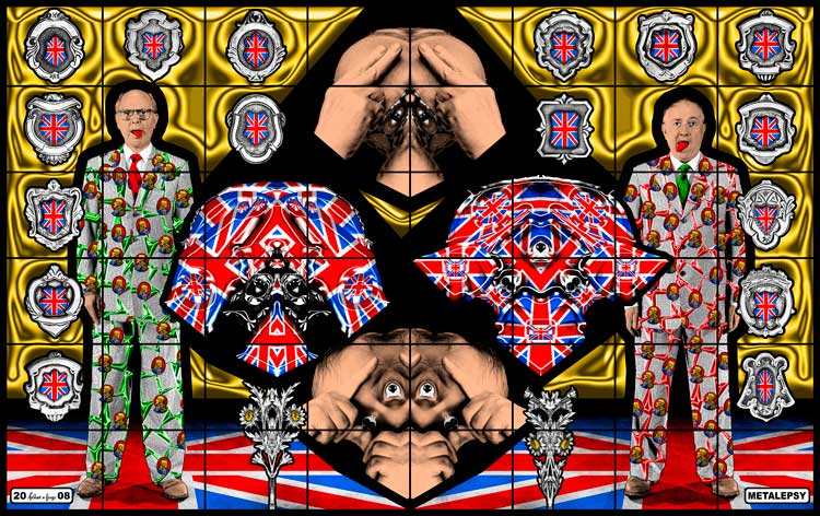 Gilbert & George. Metalepsy, 2008. Mixed media, 150 x 237 13/16 in. (381 x 604 cm). © Gilbert & George. Courtesy White Cube.