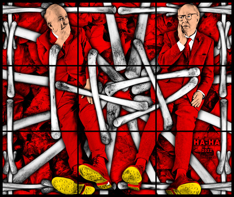 Gilbert & George, Ha-Ha, 2022. Mixed media, 74.8 x 88.98 x 1.5 in (190 x 226 x 3.81 cm). © Gilbert & George. Courtesy the artists and Lehmann Maupin, New York, Seoul, and London.