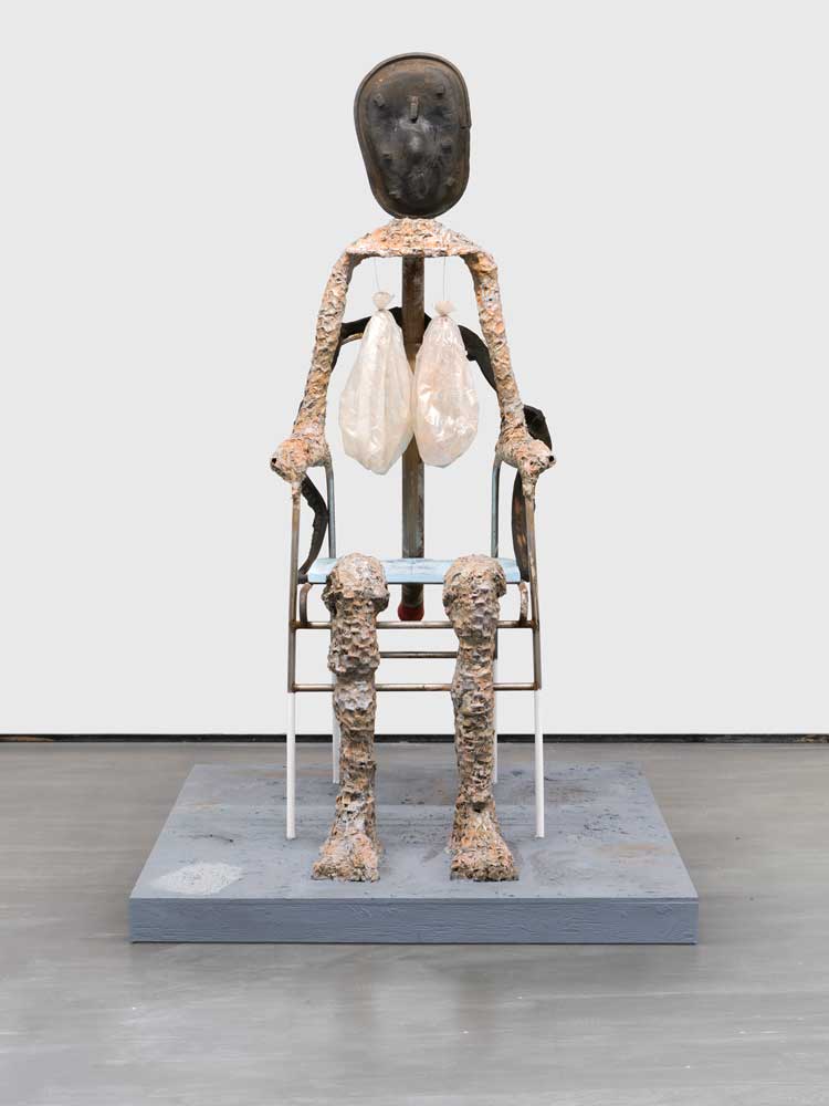 Huma Bhabha. Mask of Dimitrios, 2019. Clay, wood, acrylic, oil, oil stick, plastic rubber, steel, wire, and Styrofoam, 78 1/8 x 48 x 60 in (198.4 x 121.9 x 152.4 cm). Photo: Daniel Perez. Courtesy of the artist and David Zwirner Gallery.