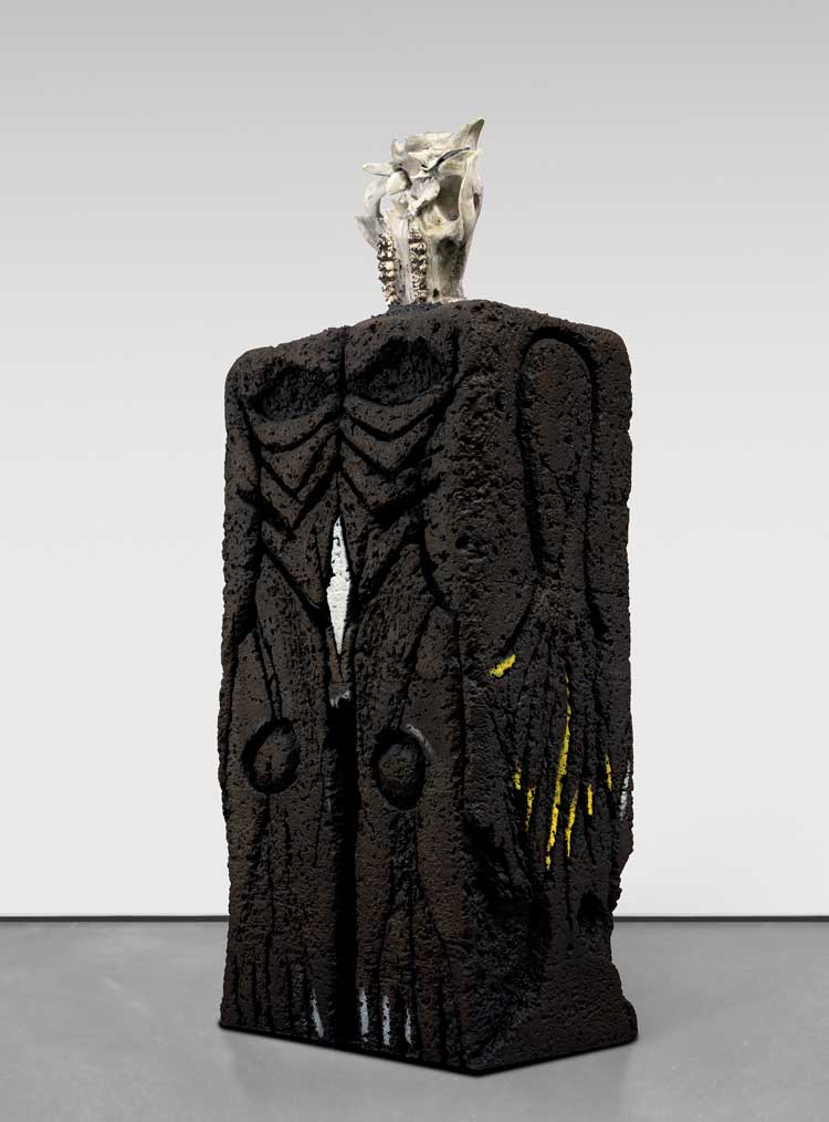 Huma Bhabha. Member, 2024. Painted and patinated bronze, 96 x 38 1/2 x 24 1/2 in (243.8 x 97.8 x 62.2 cm). Photo: Kerry McFate. Courtesy of the artist and David Zwirner Gallery.