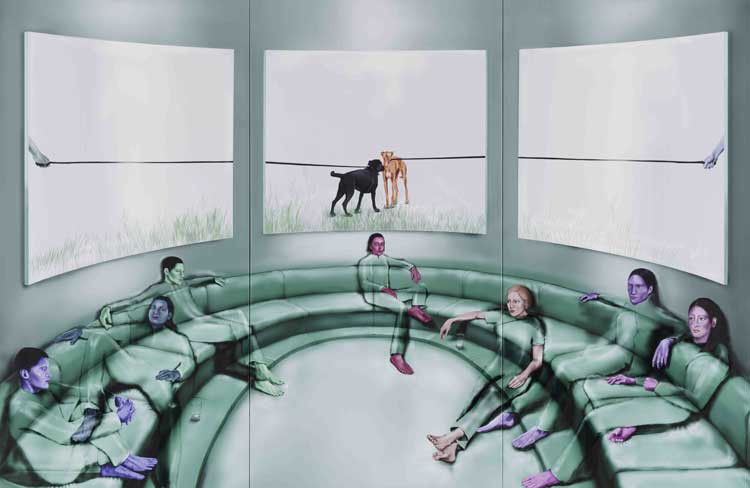 Louisa Gagliardi. Green Room, 2023. Gel medium ink on PVC, three panels, 265 x 405 cm. Ringier Collection, Switzerland.