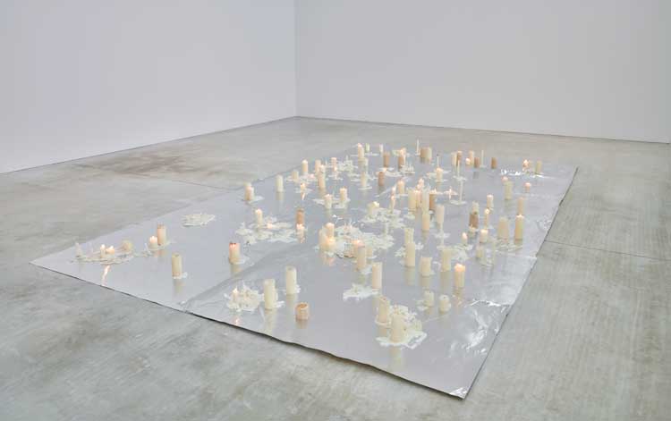 Anya Gallaccio. La Dolce Vita, 1994. Candles, alumninium foil. Installation view, Anya Gallaccio: preserve, Turner Contemporary, 2024. © Anya Gallaccio. Courtesy the artist and Turner Contemporary. Photo: Jo Underhill.