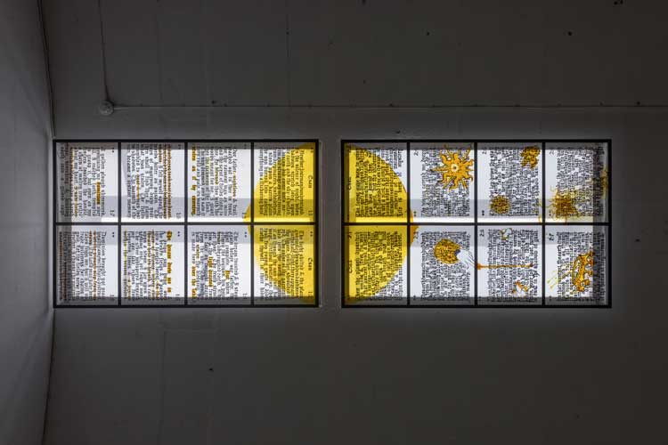 Sophia Al-Maria and Lydia Ourahmane. A Blessing and a Betrayal, 2024. Steel frame, glass, silver nitrate, grisaille. Installation view, Grey Unpleasant Land at Spike Island, Bristol, 2024. Photo: Rob Harris.