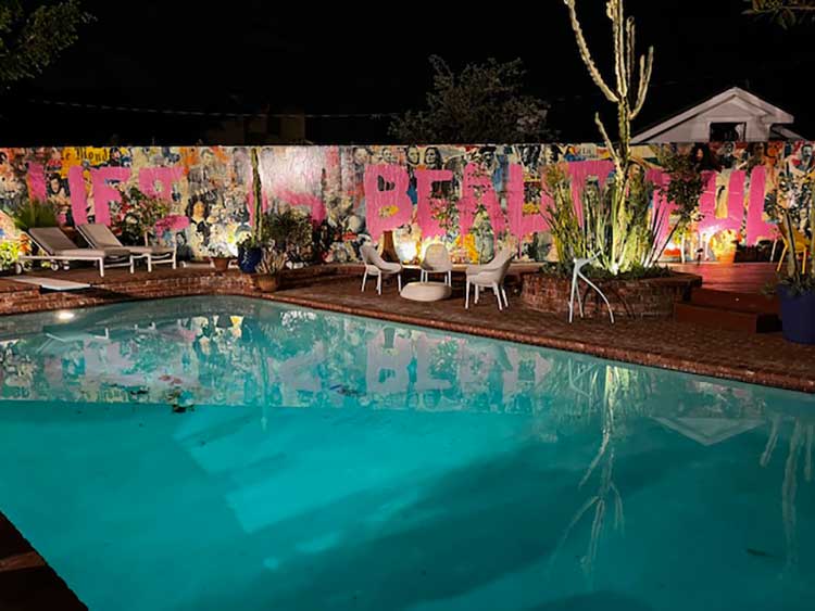 Poolside mural by French street artist Mr Brainwash, commissioned by the French consulate at the former home of Dean Martin, Los Angeles. Photo: Jill Spalding.