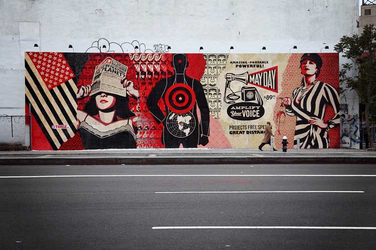Shepard Fairey. Mayday Mural, 2010. Houston Street and Bowery, New York. Photo: Jon Furlong. Courtesy of the artist and Jeffrey Deitch, New York.