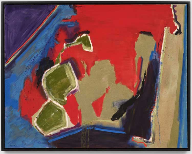 Judith Godwin. Green for Danger, 1982. Oil on canvas, 132.4 x 168 cm (52 1⁄8 x 66 1⁄8 in). Courtesy Pippy Houldsworth Gallery, London, and Berry Campbell, New York. © Judith Godwin Foundation. Photo: Ben Westoby.