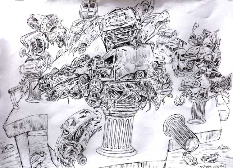 George Gittoes, Bridge of Death, Irpin, 2022. Pencil on paper, 84 x 60 cm. © the artist.