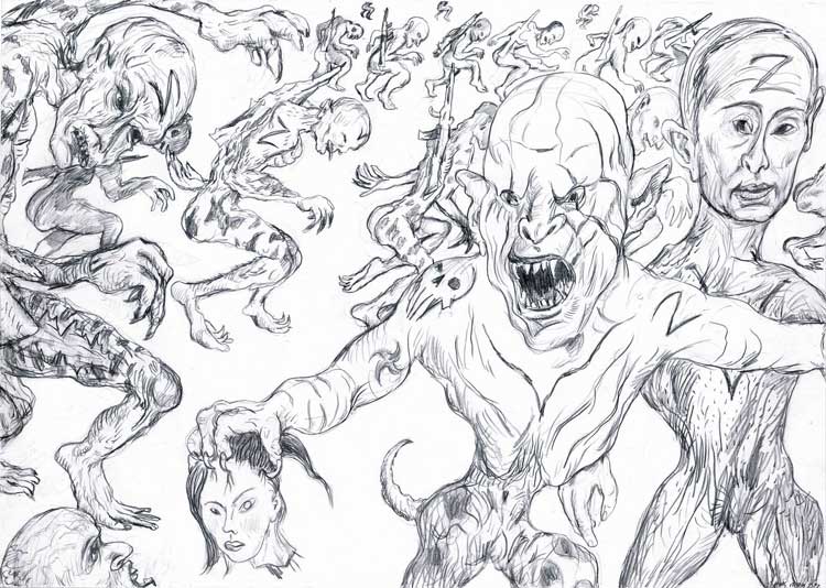 George Gittoes, The Defiler, 2022. Pencil on paper, 84 x 60 cm. A triptych of three drawings. © the artist.