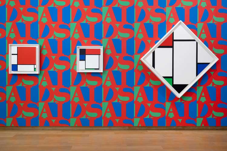 General Idea, INFE©TED Mondrian #7, 1994. Collection Drs. Chung-Wai Chow anf John R. Wright. INFE©TED Mondrian #3, 1994. Collection James Brenzel and Lisa Dinnick. INFE©TED Mondrian #2, 1994. Collection Stedelijk Museum Amsterdam, acquired with the generous support of the Mondrian Fund and the International Collector Circle and Curator Circle of the Stedelijk Museum Fonds, 2019. © General Idea. Photo: Peter Tijhuis.