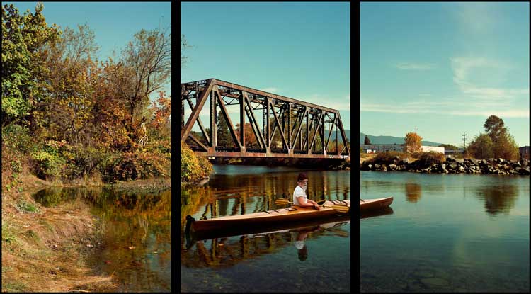 Rodney Graham, Paddler, Mouth of the Seymour, 2012-13. Painted aluminum lightboxes with transmounted chromogenic transparencies; triptych 304 x 554 x 18 cm (119 5/8 x 218 1/8 x 7 1/8 in), each panel 304 x 182 x 18 cm (119 5/8 x 71 5/8 x 7 in). © Rodney Graham. Courtesy the artist and Hauser & Wirth.