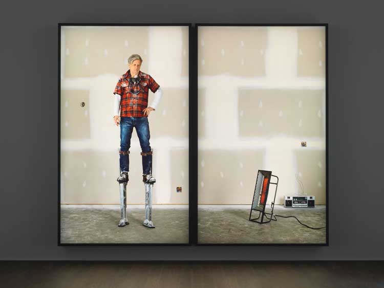 Rodney Graham, Smoke Break 2 (Drywaller), 2012. Painted aluminium lightboxes with transmounted chromogenic transparencies; diptych 304 x 368 x 18 cm (119 5/8 x 144 7/8 x 7 1/8 in), each panel: 304 x 182 x 18 cm (119 5/8 x 71 5/8 x 7 in). Photo: Rodney Graham © Rodney Graham. Courtesy the artist and Hauser & Wirth.