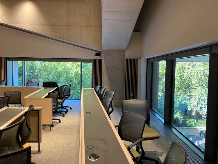 Every lecture room in the Marshall Building has a view, including this one onto the trees of Lincoln's Inn Fields, bringing a sense of calm and wellbeing into the lecture theatres. Photo: Veronica Simpson.