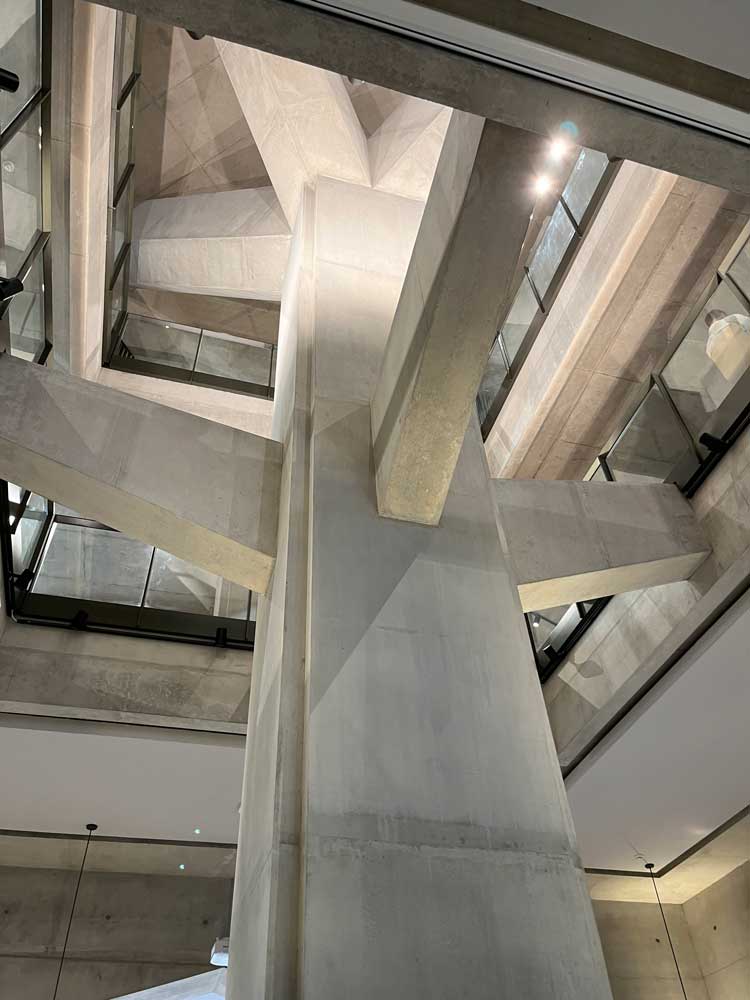 The Marshall Building's tall concrete trees drawing light down into the heart of the space. Photo: Veronica Simpson.