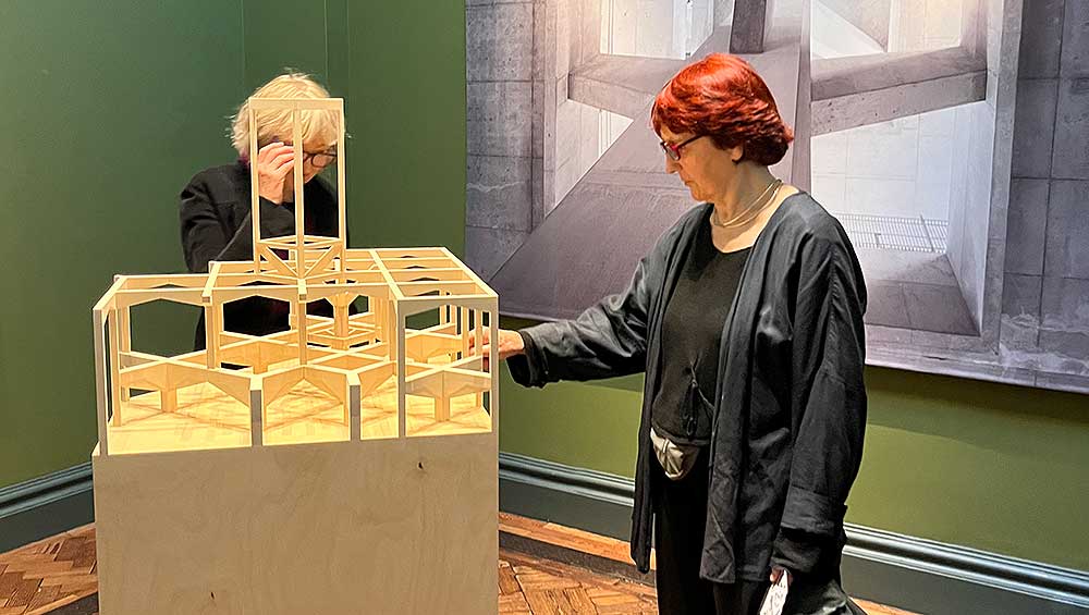 Yvonne Farrell and Shelley McNamara (right) inspect their model at Sir John Soane’s Museum, London. Photo: Veronica Simpson.
