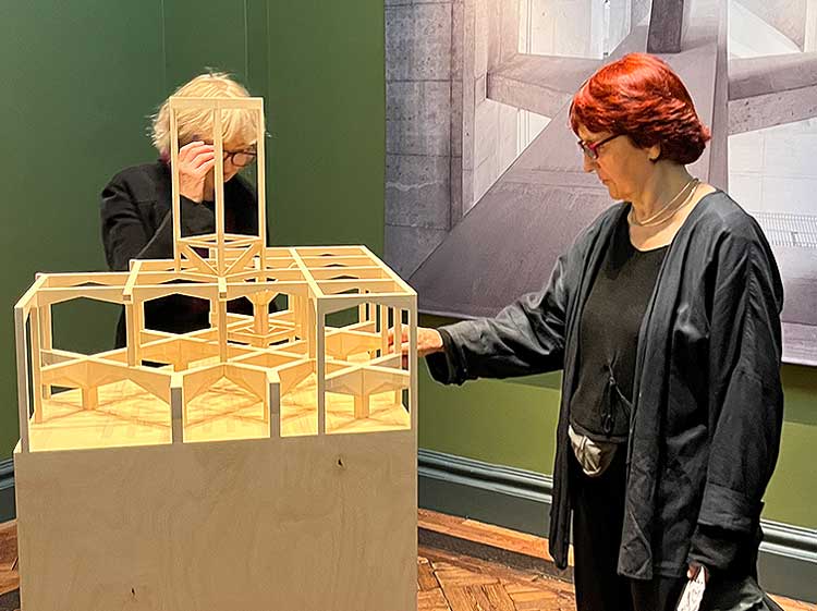 Yvonne Farrell and Shelley McNamara (right) inspect their model at Sir John Soane’s Museum, London. Photo: Veronica Simpson.
