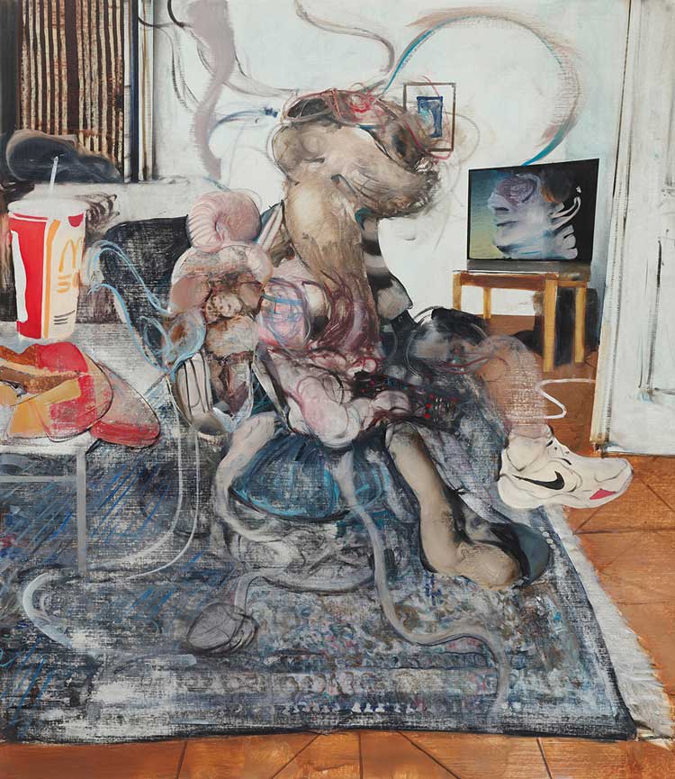 Adrian Ghenie, Figure with Remote Control, 2022. Oil on canvas, 205 x 178 cm. © Adrian Ghenie. Photo: Jörg von Bruchhausen. Courtesy Thaddaeus Ropac gallery, London · Paris · Salzburg · Seoul.