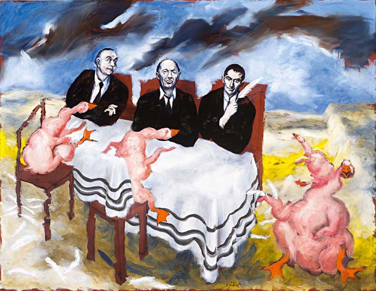 Gérard Garouste, The Three Masters and the Fatted Geese, 2017. Oil on canvas, 200 × 260 cm. Artist’s collection. © Adagp, Paris, 2022. Courtesy Templon, Paris-Brussels-New York. Photo Bertrand Huet-Tutti.