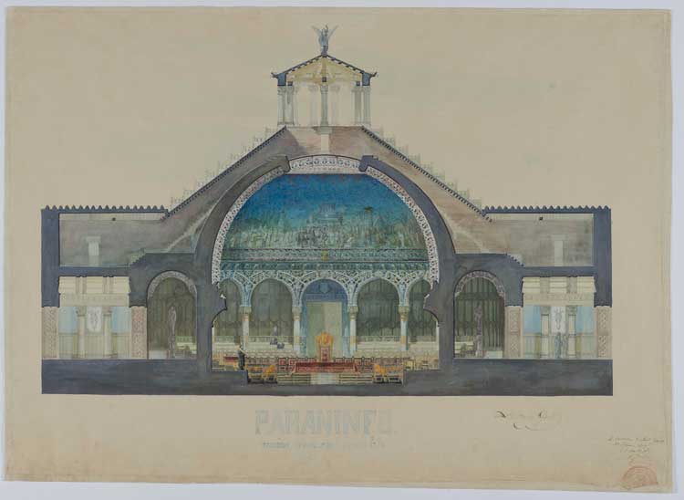 Antoni Gaudi. Graduation project for a university amphitheater, cross-section, 22 October 1877. Graphite, watercolour and gouache, 65  ×  90 cm. Barcelona, Cátedra Gaudí, ETSAB-UPC. Photo ©  Cátedra Gaudí, ETSAB, UPC / © CRBMC Centre de Restauració de Béns Mobles de Catalunya / Ramón Maroto.