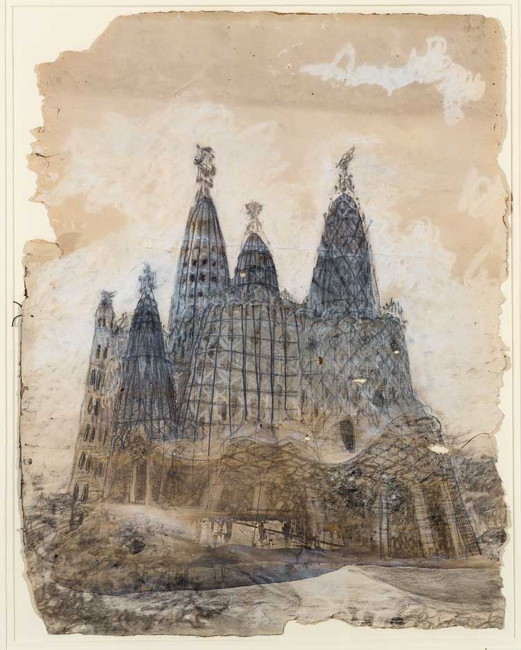 Antoni Gaudi. Project for the Colonia Güell Church, c1908-1910.  
Charcoal and white highlights on photograph, 59.5 × 46 cm. Barcelona, Museu Nacional d’Art de Catalunya. Photo © MNAC, Barcelona, 2022.