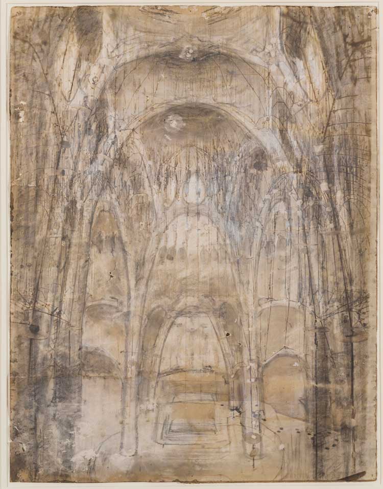 Antoni Gaudi. Project for the Colonia Güell Church, c1908-1910.  
Charcoal and white highlights on photograph, 61 x 47.5 cm. Barcelona, Museu Nacional d’Art de Catalunya Photo © MNAC, Barcelona, 2022.
