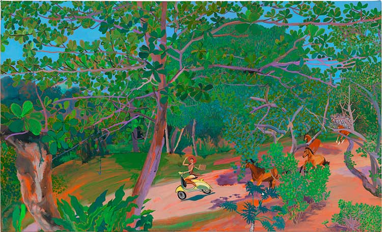 Hulda Guzmán. Jusqu'ici tout va bien, 2022. Acrylic gouache on linen, 76.8 x 126.4cm (30 1/4 x 49 3/4in). Copyright Hulda Guzmán. Courtesy the artist and Stephen Friedman Gallery, London. Photo: Todd-White Art Photography.