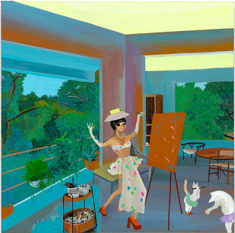 Hulda Guzmán. What's my Drag?, 2022. Acrylic gouache on linen, 114.3 x 114.3 cm (45 x 45in). Copyright Hulda Guzmán. Courtesy the artist and Stephen Friedman Gallery, London. Photo: Todd-White Art Photography.
