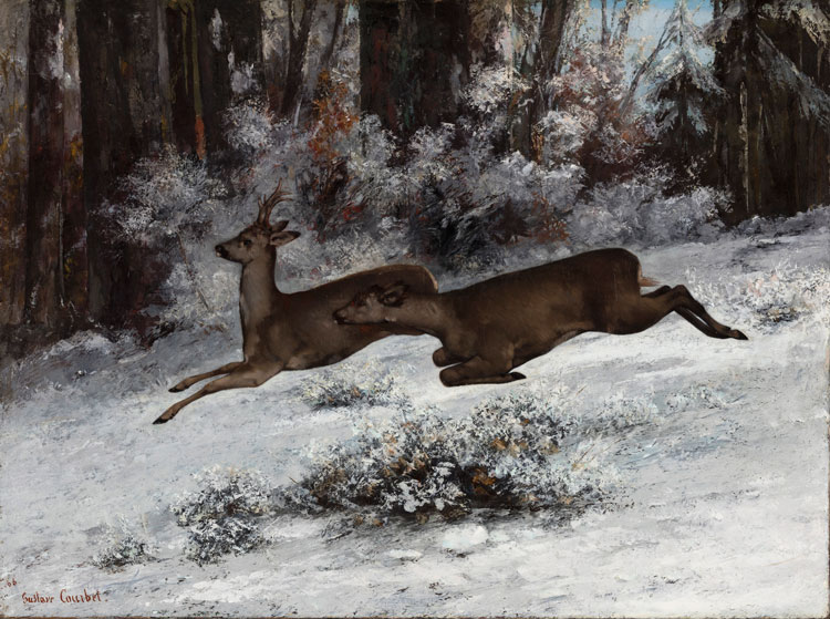 Gustave Courbet, The Ruse, Roe Deer Hunting Episode (Franche-Comté), 1866. Oil on canvas, 97 x 130 cm © Ordrupgaard, Copenhagen. Photo: Anders Sune Berg. Exhibition organised by Ordrupgaard, Copenhagen and the Royal Academy of Arts.
