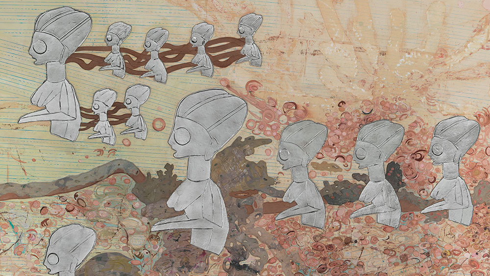 Ellen Gallagher. Ecstatic Draught of Fishes, 2020. Oil, palladium leaf and paper on canvas, 248 x 202 cm (97 5/8 x 79 1/2 in). Photo: Tony Nathan. © Ellen Gallagher. Courtesy the artist and Hauser & Wirth.