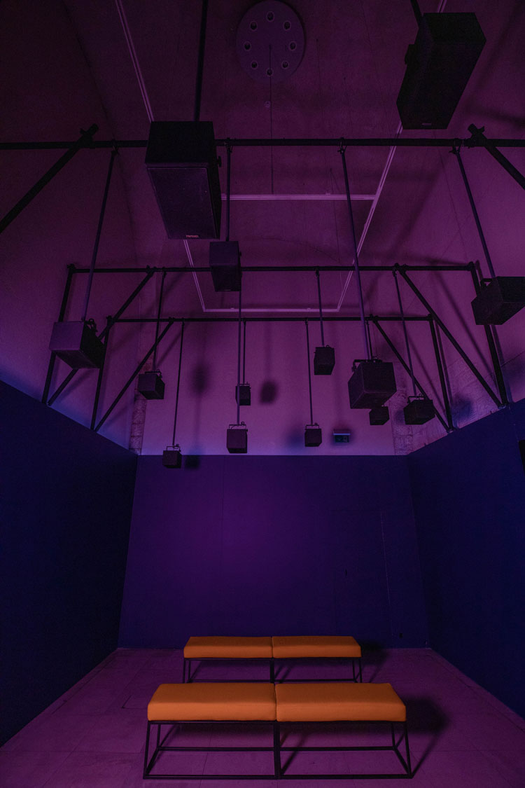 Alexandra Daisy Ginsberg. Machine Auguries. Commissioned by Somerset House for the 24/7 exhibition (October 2019 to February 2020), Machine Auguries comprises a genuine dawn chorus of birdsong that is eventually taken over by artificial birdsong. Heard from speakers placed close to the ceiling against a backdrop of coloured light that emulates the dawn spectrum. © the artist.