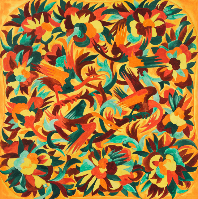 Natalia Goncharova. Design with birds and flowers. Study for textile design for House of Myrbor, 1925-1928. Gouache and graphite on embossed paper, 74.5 x 67 cm. State Tretyakov Gallery, Moscow. Bequeathed by A.K. Larionova-Tomilina, Paris 1989. © ADAGP, Paris and DACS, London 2019.