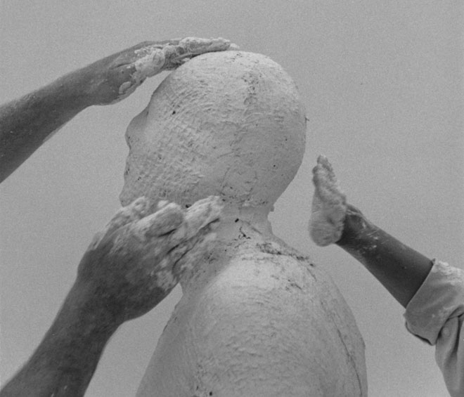 Antony Gormley. LAND SEA AND AIR II, 1982.Lead and fibreglass. Land (crouching), 45 x 103 x 50 cm; Sea (standing), 191 x 50 x 32 cm; Air (kneeling), 118 x 69 x 52 cm. © the artist.