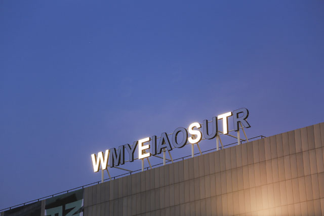 Shilpa Gupta. My East is Your West, 2014. LED-based animated light installation, 977 x 97 x 14 cm (392.5 x 38 x 5.5 in). National Museum of Modern and Contemporary Art, Seoul.